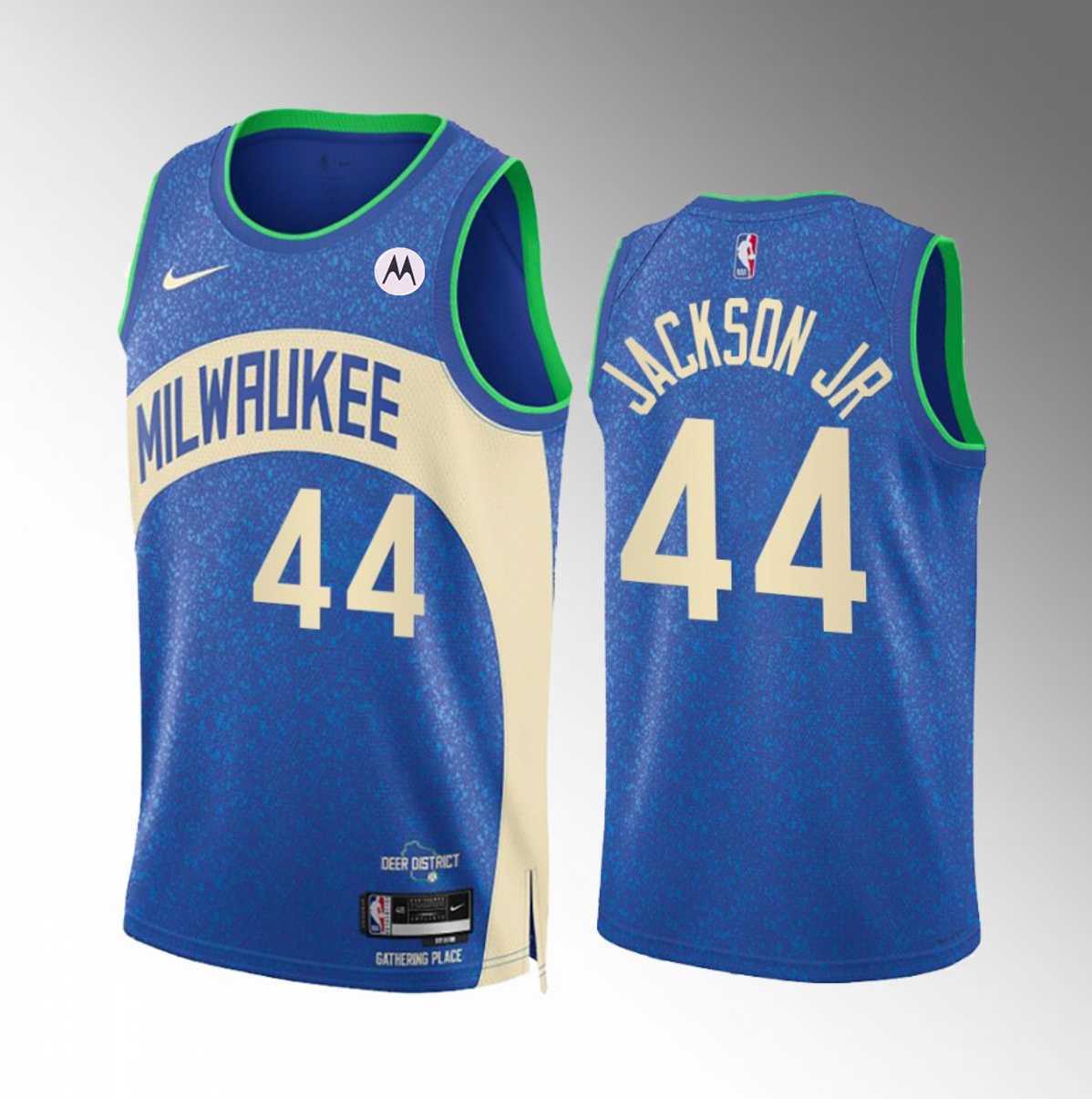 Men's Milwaukee Bucks #44 Andre Jackson Jr. Blue 2023-24 City Edition Stitched Basketball Jersey Dzhi